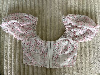 Small size White & pink floral corset top with ruffled