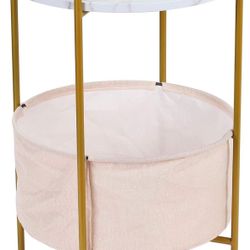 Round Storage Side Table, 2-Tier End Table with Fabric Basket Gold Metal Frame, 16'' Faux Marble Top Nightstand Bedside Tables for Nursery Kids Living