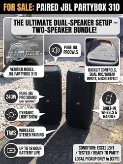 PAIR of JBL PartyBox 310 Portable Bluetooth Speakers (2 Speakers)