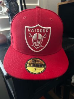 New Era Las Vegas Raiders Super Bowl XVIII 59FIFTY fitted hat featuring a prominent scarlet red crown and a white-outlined team logo.