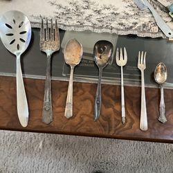 Lot Of Seven Antique, Mostly Silver Plated, Serving Spoons And Forks