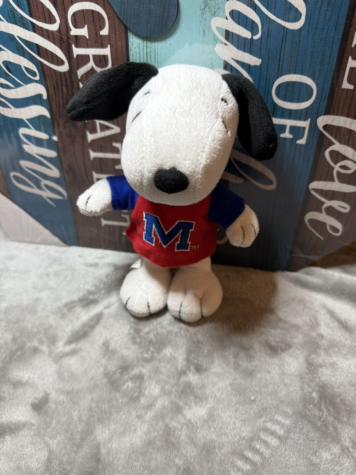 A plush snoopy toy wearing red shirt