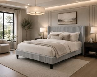 Queen bed Size Platform Bed with Corduroy Wingback Headboard Light Grey 900 lb Capacity, Corduroy Wingback Headboard, Vertical Channel Design, Wood Sl