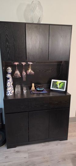 Dark Wood Bar Cabinet Hutch with lighting and powerstrip