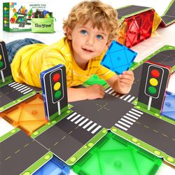 Soyee Magnetic Tiles Road Toppers Set Kids Toys for 3 Year Old Boys and Girls Playing with Car Toys
