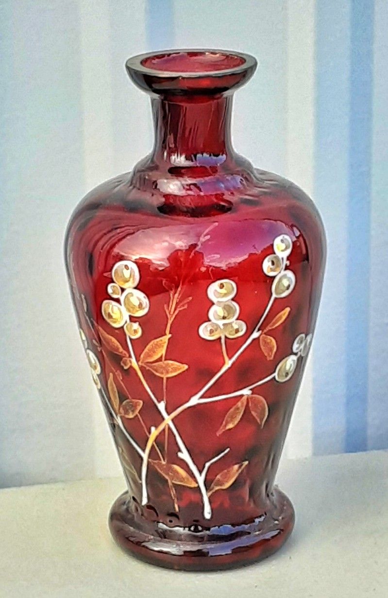 Victorian Dk Ruby Red Inverted Coin Dot Art Glass Flower Vase w Folk art Flowers