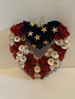 Patriotic wood curl heart-shaped wreath
