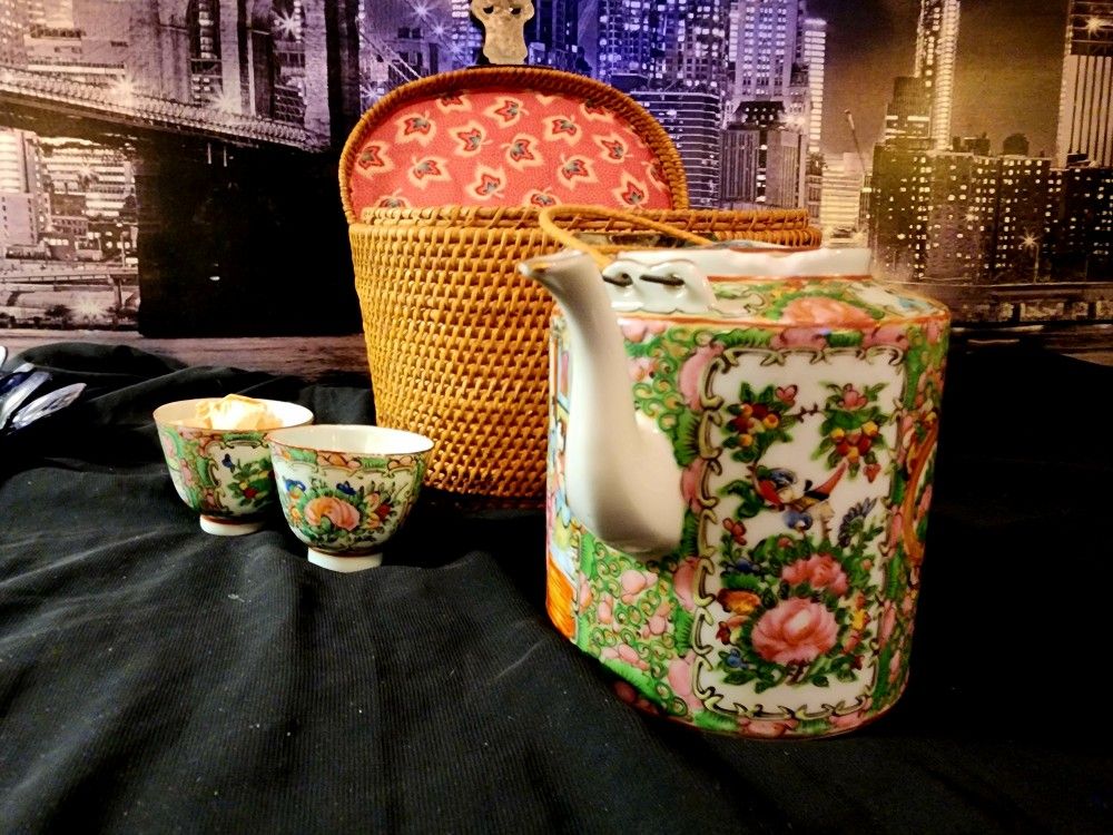 Antique Authentic Fine China Tea Set In Original Lined Satin Wicker Picnic Basket