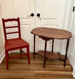 PRICED SEPARATELY ⭐️ Vintage Chippy Red Chair & Vintage Antique Parlor Table PROJECT PIECE