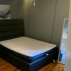 Platform Upholstered Gray Bed Frame Headboard Faux Leather  Queen  Mattress 