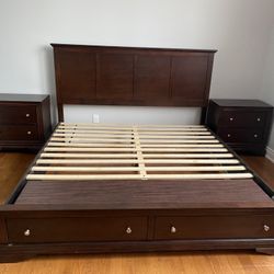 Used solid wood King Size Bed Frame, 2 Nightstands, Dresser And Mirror