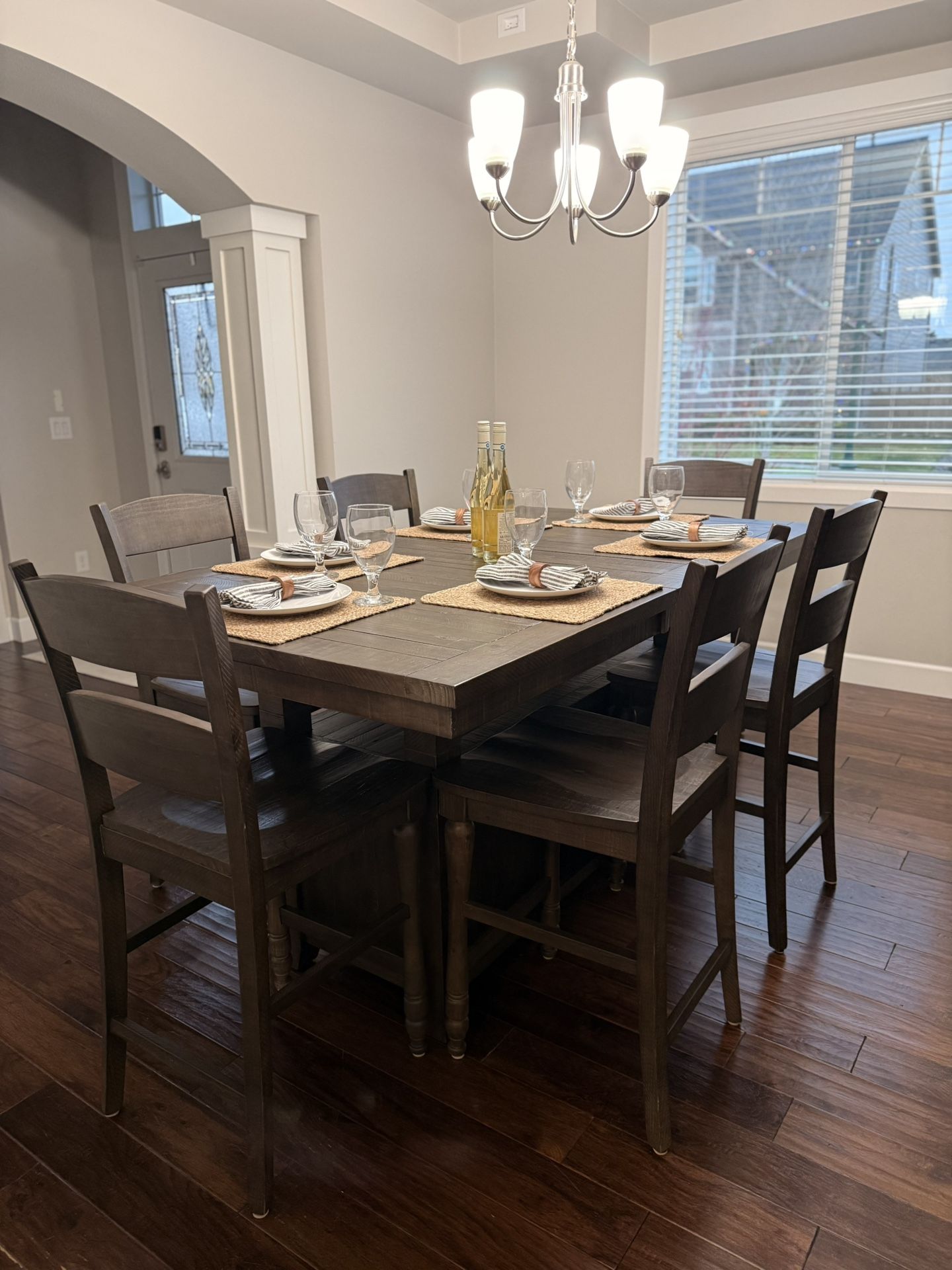 Solid Wood Bar Height Dining Table, 8 Chairs, and Large Matching China Hutch (Full Set)