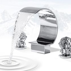 Bathroom Sink Faucet 3 Hole Widespread Waterfall Bathroom Faucets with Crystals Handles Basin Mixer Tap 8-Inch High Arc Vanity Faucet with Supply Hose