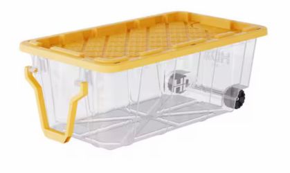 HDX 40 Gal. Tough Storage Tote with Wheels and Handle in Clear and Yellow w/ Lid
