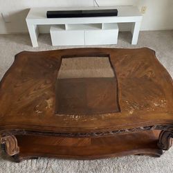 Large Ornate Dark Wood Coffee Table with Glass Insert & Lower Shelf