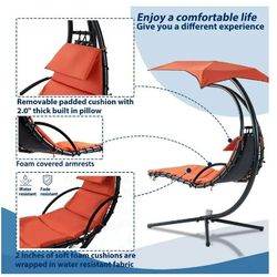6 ft. Metal Orange Red Hanging Curved Chaise Lounger with Built-in Pillow, Removable Canopy