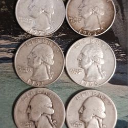 (6) 90% Silver Washington Quarters  1942P, 44P, 60D, 62D, 63P, 64 D