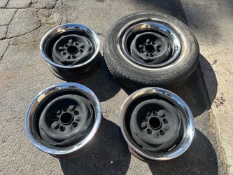 14 inch Ford steel rims and trim rings 5 on 4.5 lug drum brakes