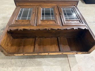 1970’s VINTAGE CHARTER SOLID OAK TOP HUTCH LEADED CUSTOM GLASS EXCELLENT CONDITION