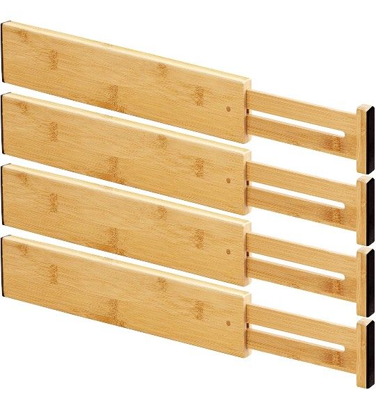 Huadi Bamboo Drawer Dividers Organizers (17.72''-21.65'') 4-PACK Expandable Drawer Organization Separators For Kitchen, Dresser, Bedroom, Bathroom & O