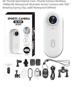 4K Thumb SportsQuick Cam, Thumb Camera Necklace, 1080p/4K Waterproof Wearable Action Camera with 360 ° Rotating Spring Clip, Ip68 Waterproof (White)