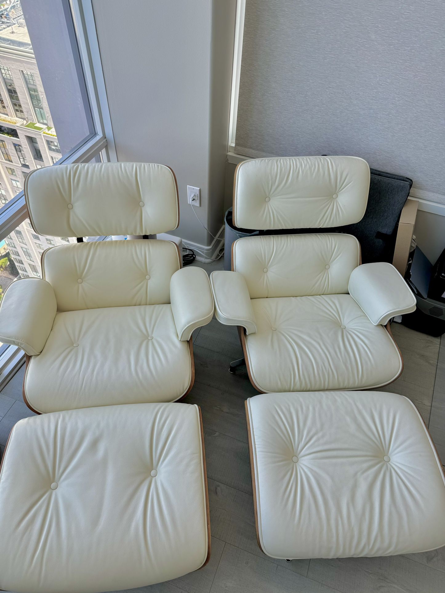 2 Eames Style Off White Leather Chairs Ottomans Midcentury