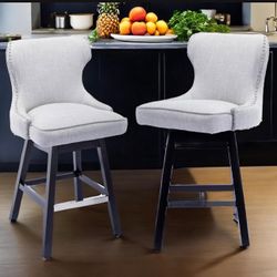 SET OF 2 Mid-Century Modern Breathable Linen Fabric Upholstered Swivel 360 Barstools, Counter Height Dining Chairs, 26” Height, Set of 2 Barstools
