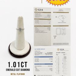 PLATINUM GIA CERTIFIED EMERALD CUT 1.01CT DIAMOND SOLITAIRE RING, SIZE 6