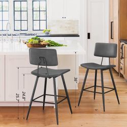 Gray Counter Height Bar Stools Set of 2, Gray Faux Leather Upholstered Barstools with Back Footrest and Metal Legs, Armless Bar Chairs for Kitchen Isl