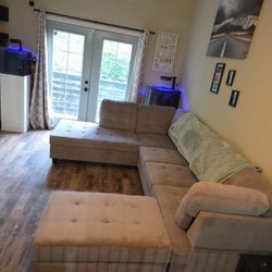 COSTCO Beige Chenille Sectional couch And Ottoman 