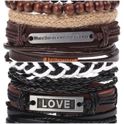 2 x Set Adjust. Size up to 9.5inc Leather Bracelet, (Will/Way-Love)