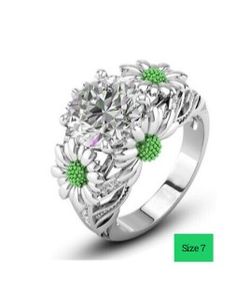 Two Tone Round Cut White Zircon Green Daisy Promise Ring Silver For Women Size 7