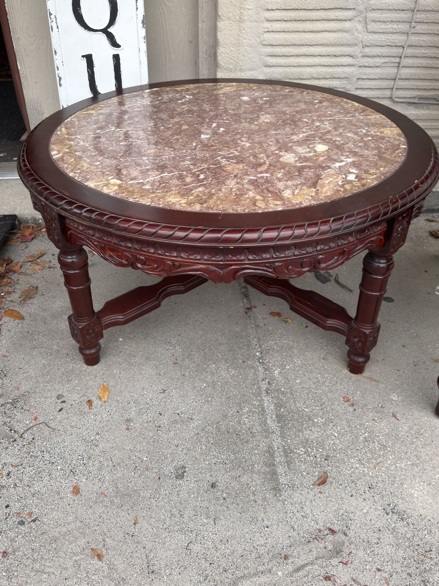 Mahogany Wood & Marble Top Table 35” Across 17.5” Tall
