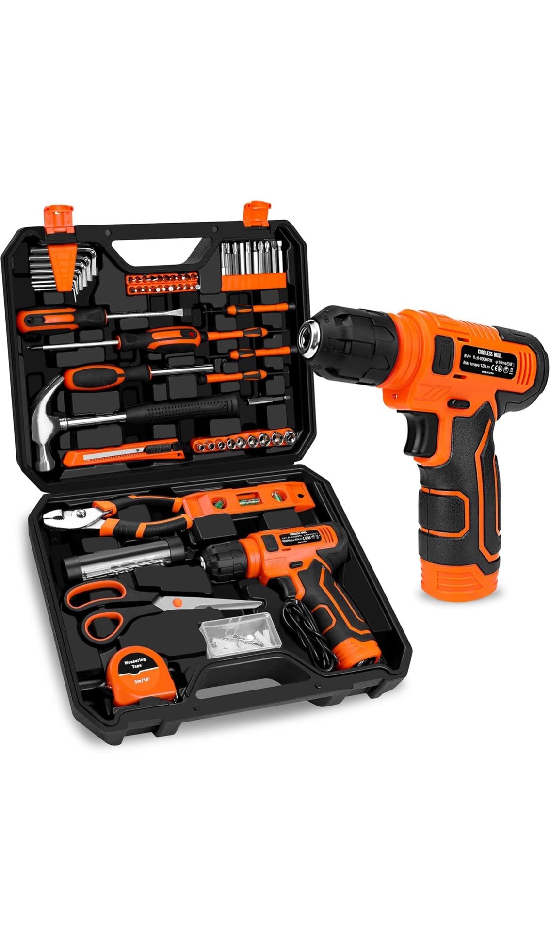 139-Piece Tool Set - Tool Kit with 8V Cordless Drill Driver in ToolBox Storage Case, General Household Drill Set for Home Repairs, Handyman, DIY Proje