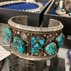 Turquoise Sterling Silver Bracelet - marked LB = Les Baker