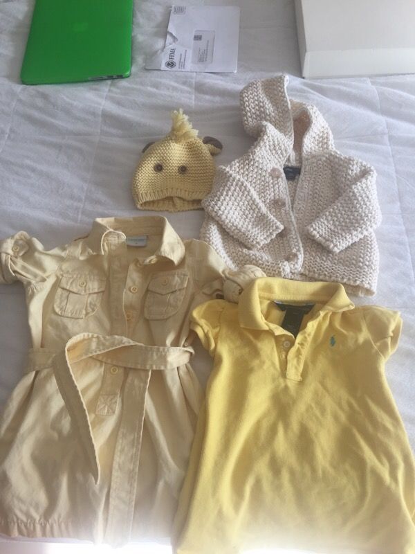 Gently used baby clothes, baby gap giraffe knit hat, knit sweater 3m, Jcrew cuts 2t shirt dress, Ralph Lauren 12m polo shirt
