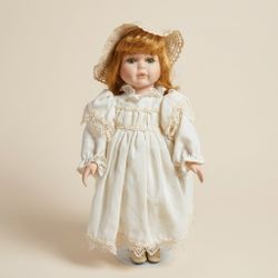 Vintage Porcelain Doll with Lace Dress and Bonnet