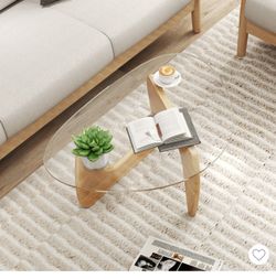 Costway Triangle Coffee Table w/ Tempered Glass Top & Adjustable Rubber Wood Base
