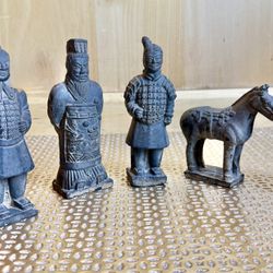 Terracotta Warrior Chinese Soldiers & Horse Figurines, Lot Of 5 Clay Statues