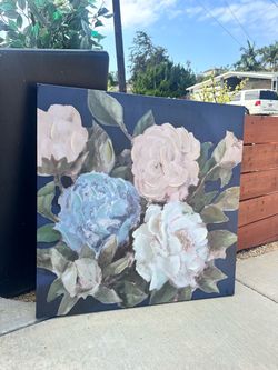 Large Floral Canvas Wall Art – Navy Blue & Pastel Flowers