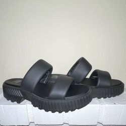Sorel Black Rubber Slide Sandals Double Strap Block Heel Casual Slip On Women