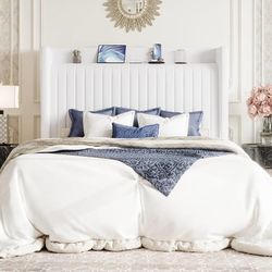 Full Size Velvet Bed Frame with Shelf, Charging Station, White Wingback Storage Headboard, Upholstered Platform Bed, Wooden Slats Support, No Box Spri