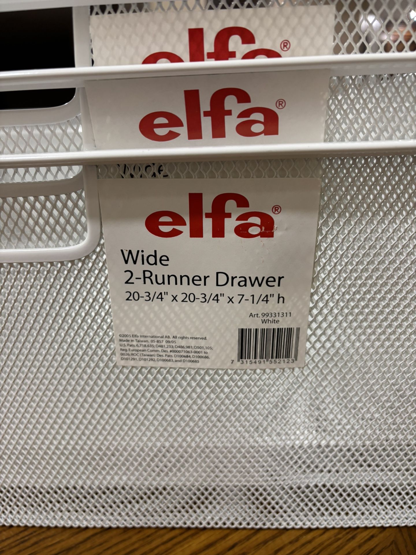 Set Of 3 White Elfa Wide 2 -Runner Drawer20-3/4”x 20-3/4” X 7-1/4”high