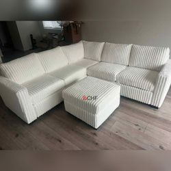 milk or dark gray color  corduroy sectional sofa with ottoman 