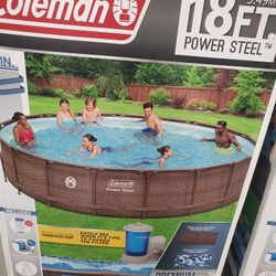 NEW STEEL PATIO POOL SIZE 18FT WIDE X 48IN HIGH INCLUDES FILTER, LADDER, COVER AND CARTRIDGE, NEVER USED IT IS IN ITS SELL BOX