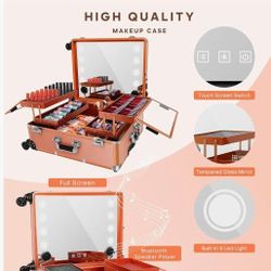Portable Makeup Case, Professional Large Capacity Cosmetic Trolley Travel Case with Rolling Wheels Soft Pink
