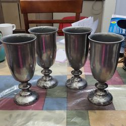 RWP Wilton Brass Company Set Of 4- Vintage Matte Finish Plough Tavern 18th Century Aluminum Tranished Sliver Goblet 7 1/4" H Cups 