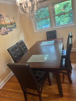 7-Piece Dining Table Set – Large Wood Table + 6 Leather Chairs