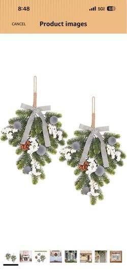 2PCS Grey Christmas Decorations for Xmas Home Front Door Fireplace Wall Artificial Green Plant Wreaths Hanging Decoration with Velvet Bow/Ball/Berry,