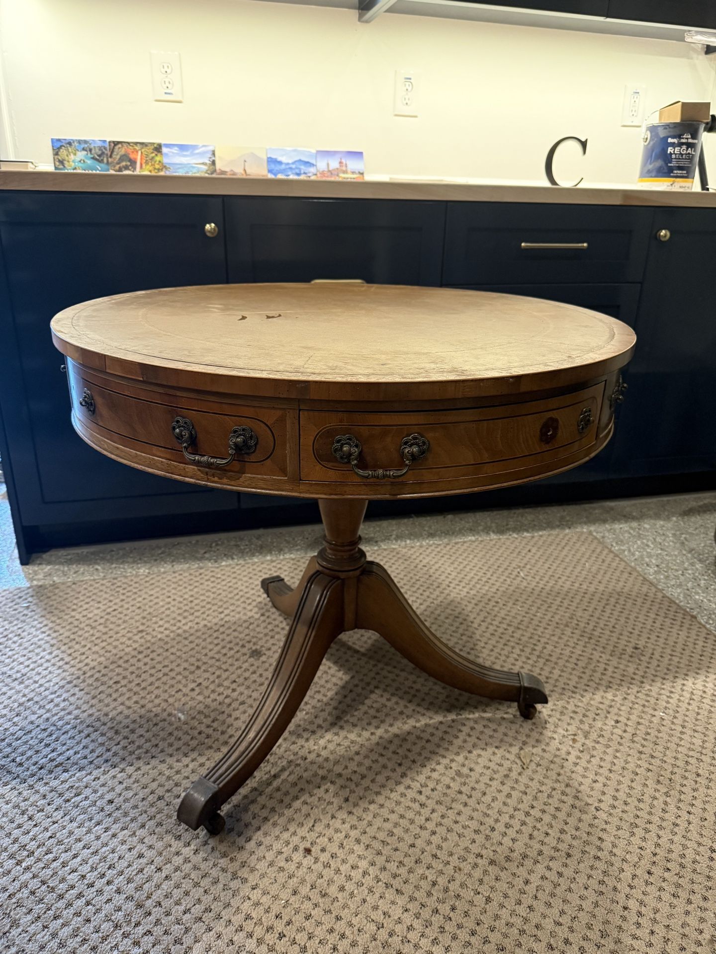 Antique Table with Leather Inlay & Brass Casters